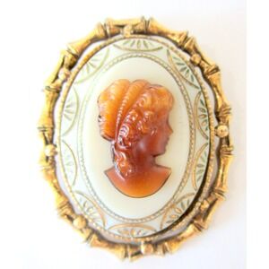 Vintage Cameo Brooch Pendant Pin Root Beer Glass with Bamboo Style Frame